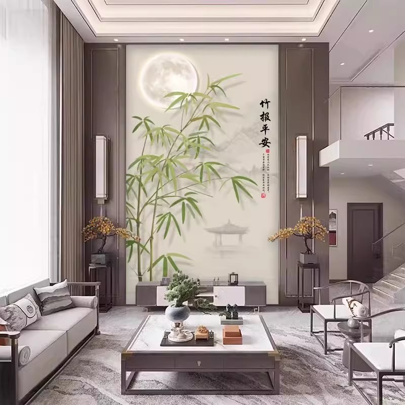 别墅挑高复式楼电视背景墙壁纸中式竹子客厅挑空玄关壁画墙布壁布