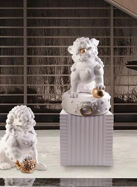 新中式白色石狮子摆件现代样板间别墅客厅家居装饰动物石雕工艺品