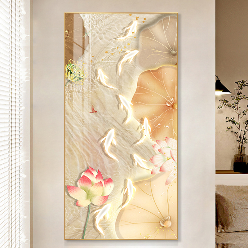 新中式玄关装饰画荷花九鱼图进门入户挂画现代简约走廊过道壁画图片