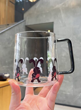 【波猫与浪兔】原创设计版权款可爱黑兔胡萝卜玻璃杯办公室水杯子