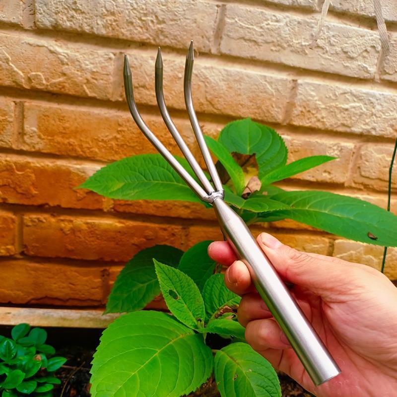 不锈钢实心耙子家用花盆松土二齿耙园艺种花耙子尖头结实耐用