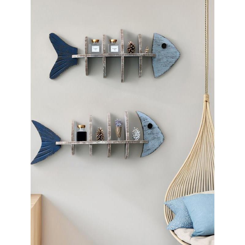 地中海洋风装饰品置物架鱼骨架形木质搁隔板创意小众墙壁挂饰家居