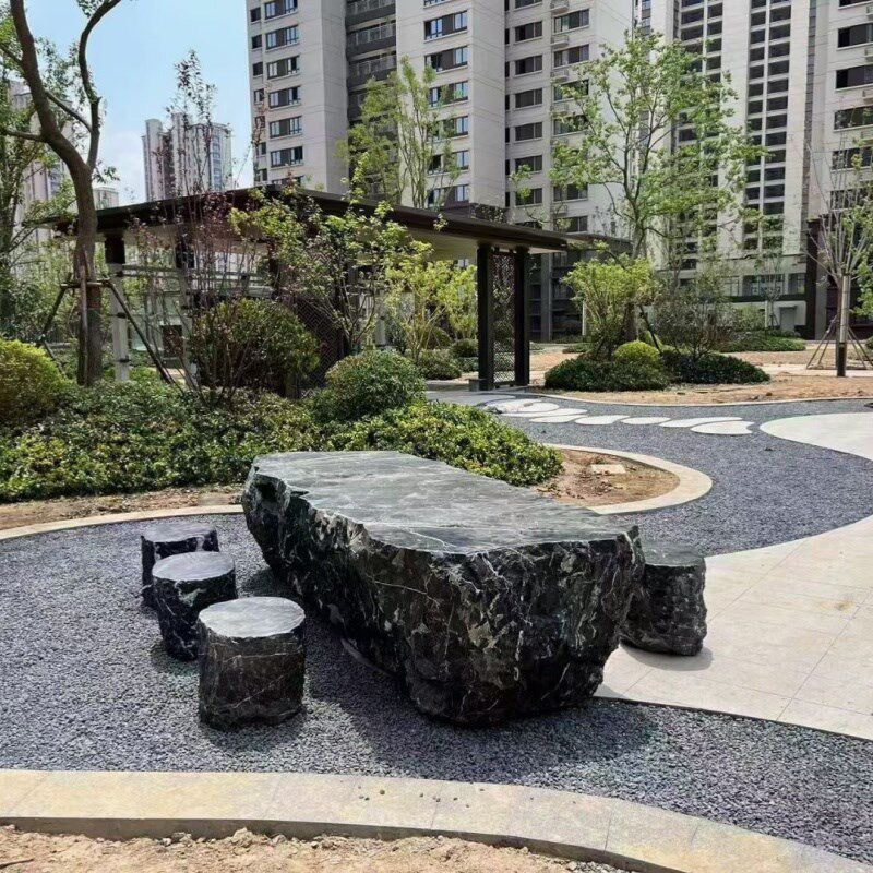 黑山石石桌石凳条形石异形加工定制园林景观天然石头石桌子茶几
