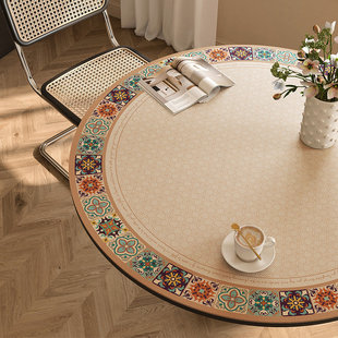 轻奢法式复古圆桌桌垫防水防油防烫免洗皮革中古风圆形桌布高级感