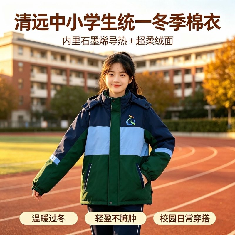 清远市统一校服中小学生冬季棉衣加厚石墨烯导热外套