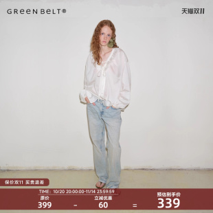 宫廷风上衣 女法式 GREEN BELT城市旷野25春莱赛尔褶皱花边领白衬衫