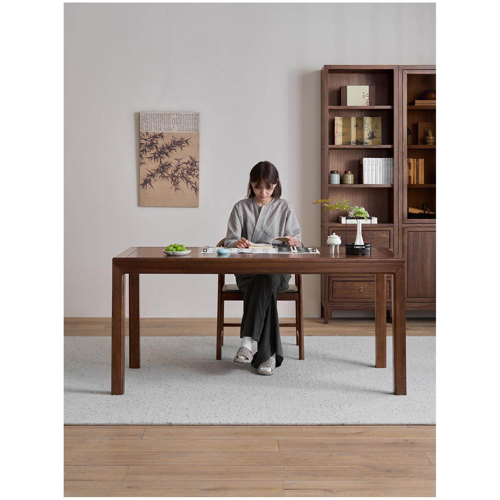 溪木工坊新中式实木茶桌大户型茶室书房榆木阳台书桌茶桌一体两用