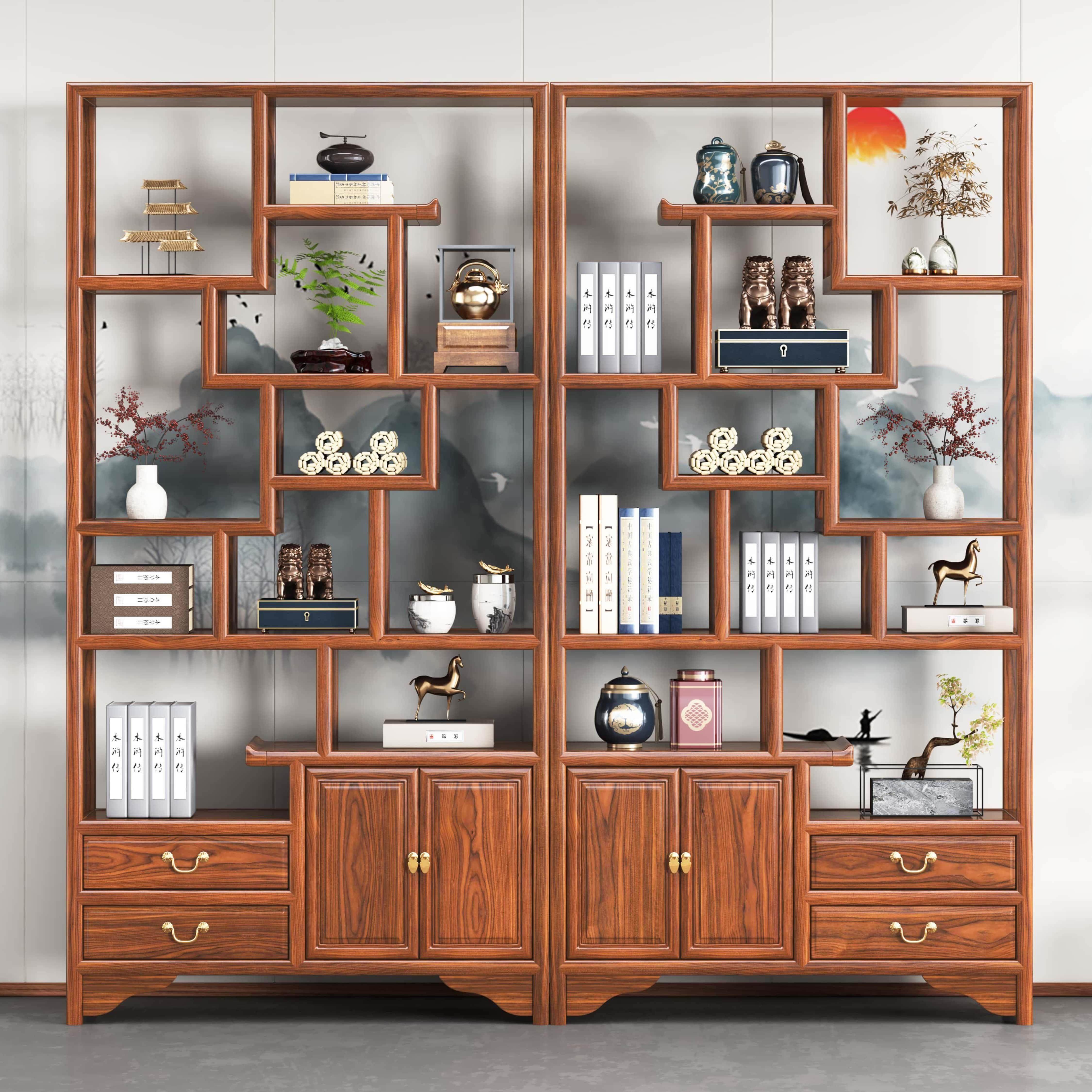 两斗博古架实木中式茶叶架茶具茶柜置物架隔断架书架多宝阁展示架
