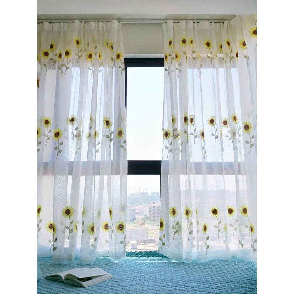 客厅卧室田园小清新纱帘飘窗窗纱向日葵窗帘布料绣花挂钩打孔成品