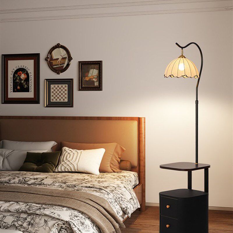 落地灯实木床头柜一体中古风卧室高级感客厅沙发旁边氛围边几台灯