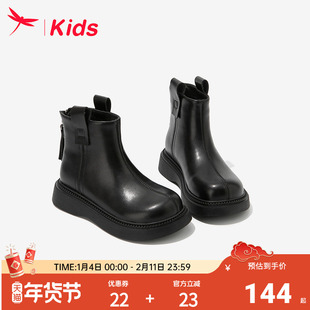 红蜻蜓女童鞋子儿童马丁小短靴子2026新款冬季加绒皮靴男童大童黑