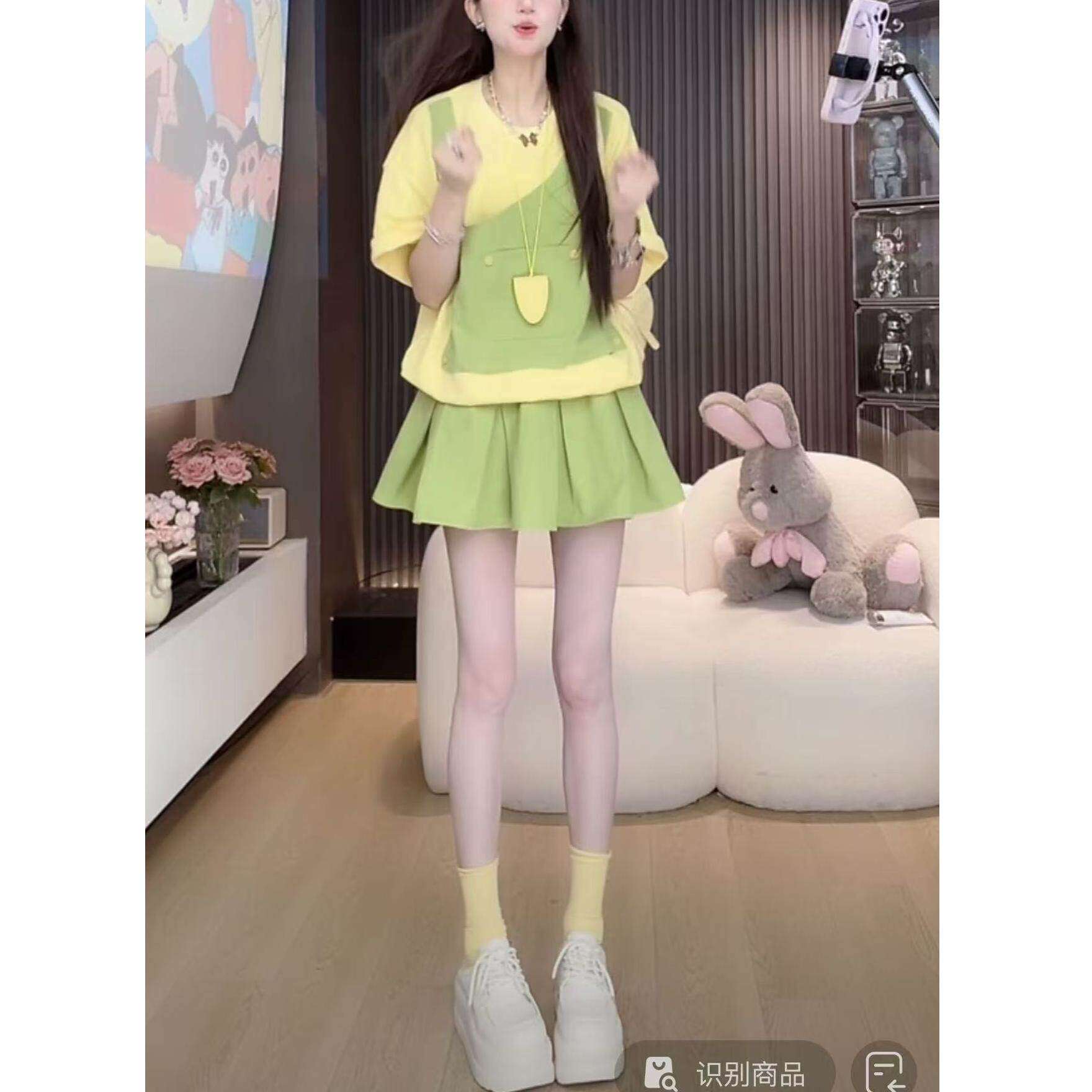 2025夏季女装短袖套装 小个子假两件设计 上衣加短裙两件套 XXL可
