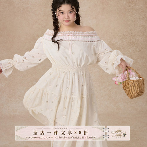 LaceMade大码女装 白山茶 法式田园初恋小白裙一字肩通勤连衣裙女