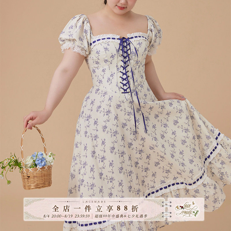 LaceMade大码女装 春野蓝藤花 法式田园风碎花清新鱼骨长款连衣裙