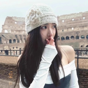 神仙藤井树同款钩花朵针织帽子女秋冬ins复古包头帽显脸小毛线帽