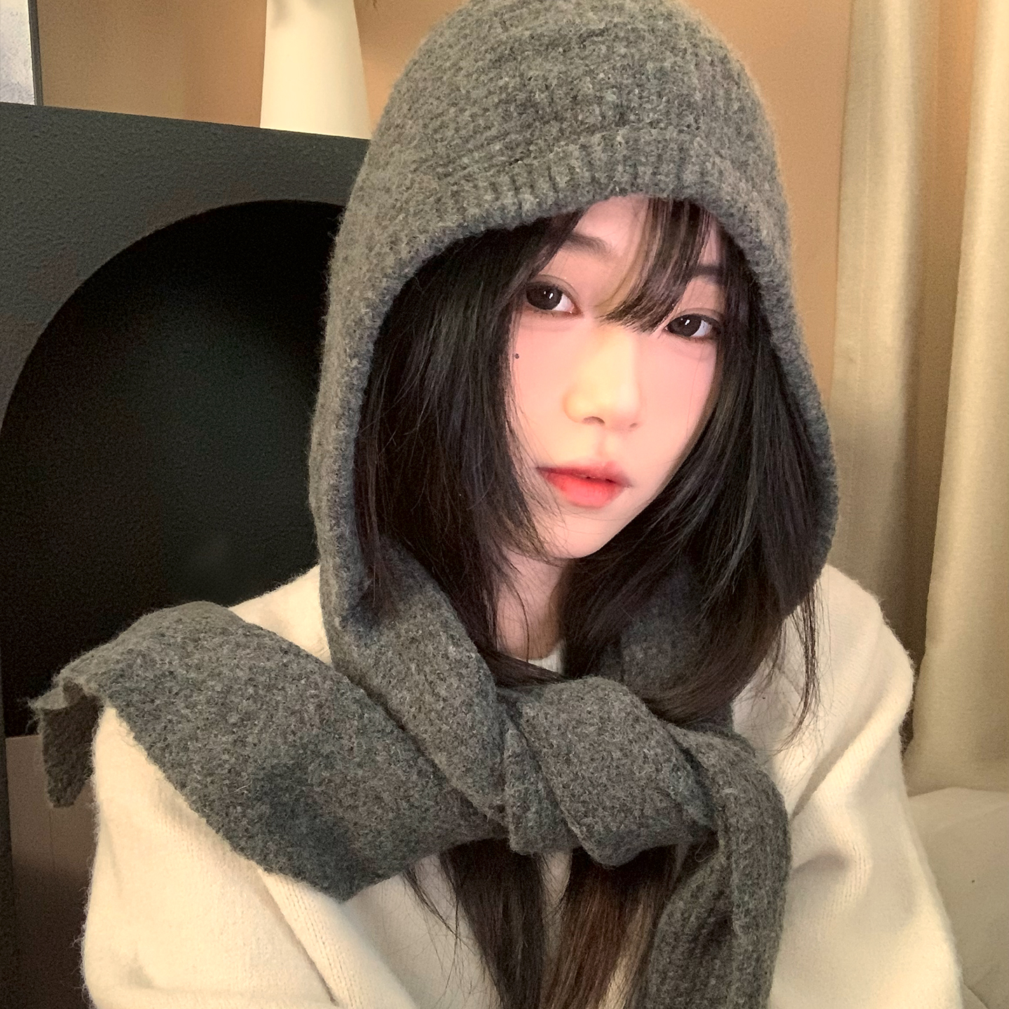 韩系氛围感百搭针织连帽围巾