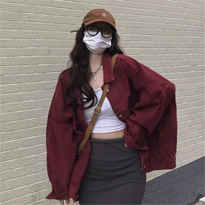 胖mm美式复古polo领牛仔外套女秋季大码300斤宽松显瘦百搭衬衫ins