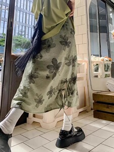 胖mm大码新中式国风开叉系带a字半身裙女夏宽松遮胯复古时尚裙子