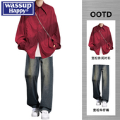 潮牌搭配牛仔裤 wassup 帅气一整套 男春秋季 新款 happy国风长袖 衬衫