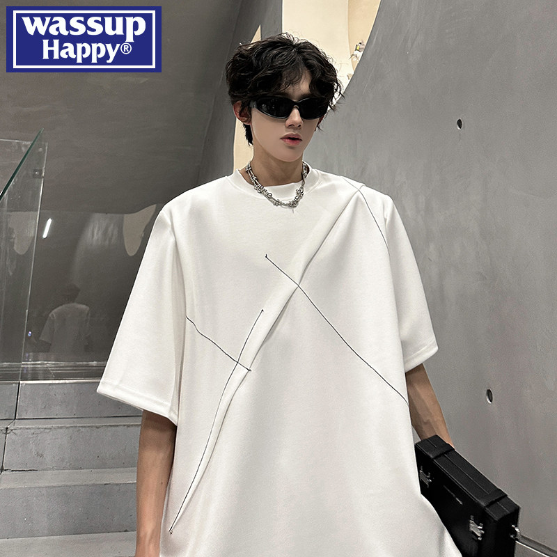wassup happy美式设计感垫肩短袖t恤男夏季新款宽松圆领半袖体恤