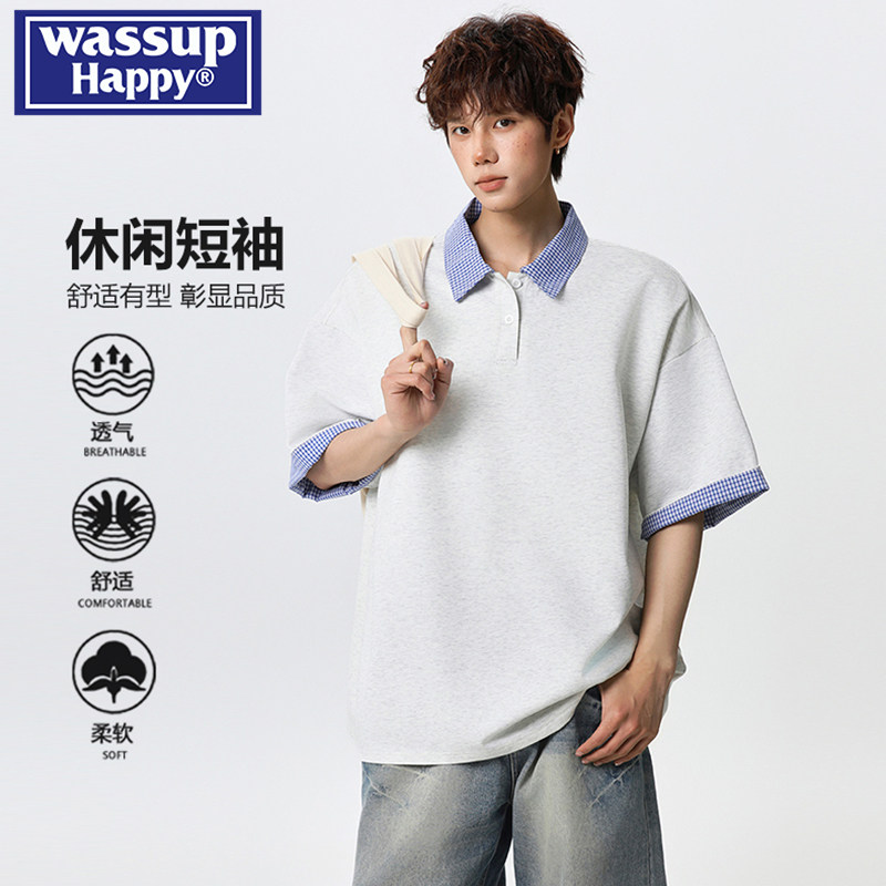 wassup happy假两件格纹拼接olo衫男夏季新款宽松翻领休闲短袖t恤