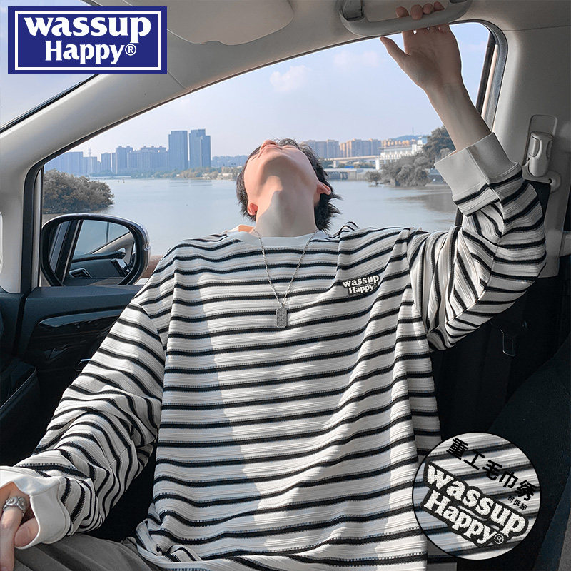 wassup happy条纹长袖t恤男春秋季新款青少年宽松圆领五分袖体恤
