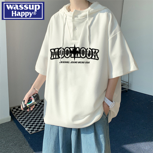 潮牌港风宽松百搭半袖 wassup 夏季 happy冰丝连帽短袖 体恤 t恤男款