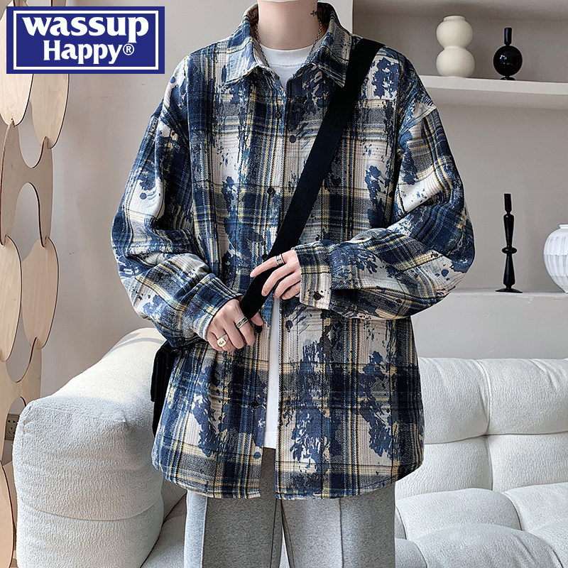 wassup happy国风格子扎染夹克男士秋冬季新款情侣百搭衬衫外套潮