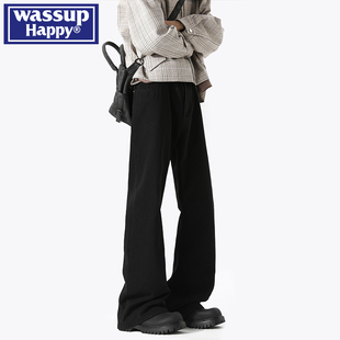 wassup happy巴黎bootcut牛仔裤子男春秋季新款宽松直筒微喇长裤