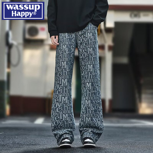 wassup happy字母提花满印牛仔裤男士秋冬季美式潮牌弯刀微喇裤子