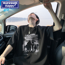 五分袖 wassup happy纯棉短袖 2024新款 高街vibe宽松美式 t恤男夏季