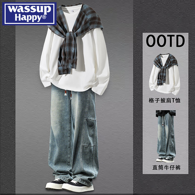 wassup happy格子披肩长袖t恤男春秋季新款帅气搭配牛仔裤两件套,男装,休闲运动套装,淘宝优惠券,粉丝福利购,淘宝优惠卷
