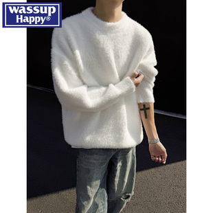 wassup happy防水貂绒圆领毛衣男款秋冬季新款宽松休闲内搭针织衫