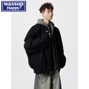 wassup happy假两件连帽加厚棉衣外套男士秋冬季美式痞帅飞行夹克