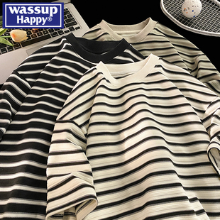 宽松百搭圆领五分袖 wassup 薄款 happy条纹短袖 上衣 t恤男2025夏季
