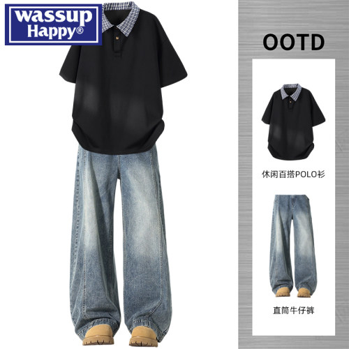 WASSUPHAPPY格纹翻领Polo衫男士