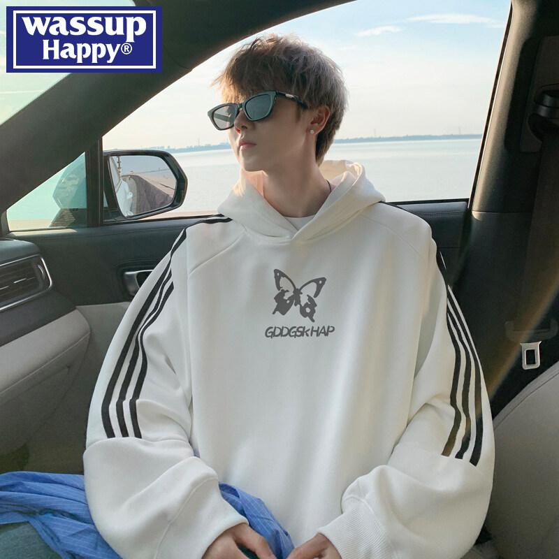 wassup happy纯棉连帽卫衣男士春秋季2026新款宽松情侣休闲外套潮