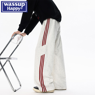 wassup happy美式白灰色三条杠卫裤男春秋季新款条纹休闲运动裤子