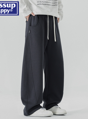 wassup happy美式弯刀灰色卫裤男秋冬季加绒加厚外穿保暖直筒裤子