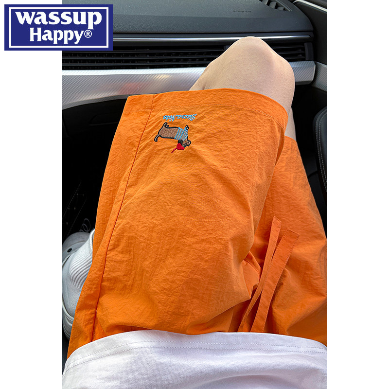 wassup happy腊肠小狗刺绣短裤男士夏季外穿美式速干运动五分裤子