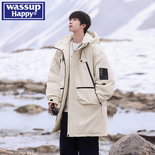 wassup happy工装连帽中长款羽绒服男冬季加厚保暖户外派克服外套