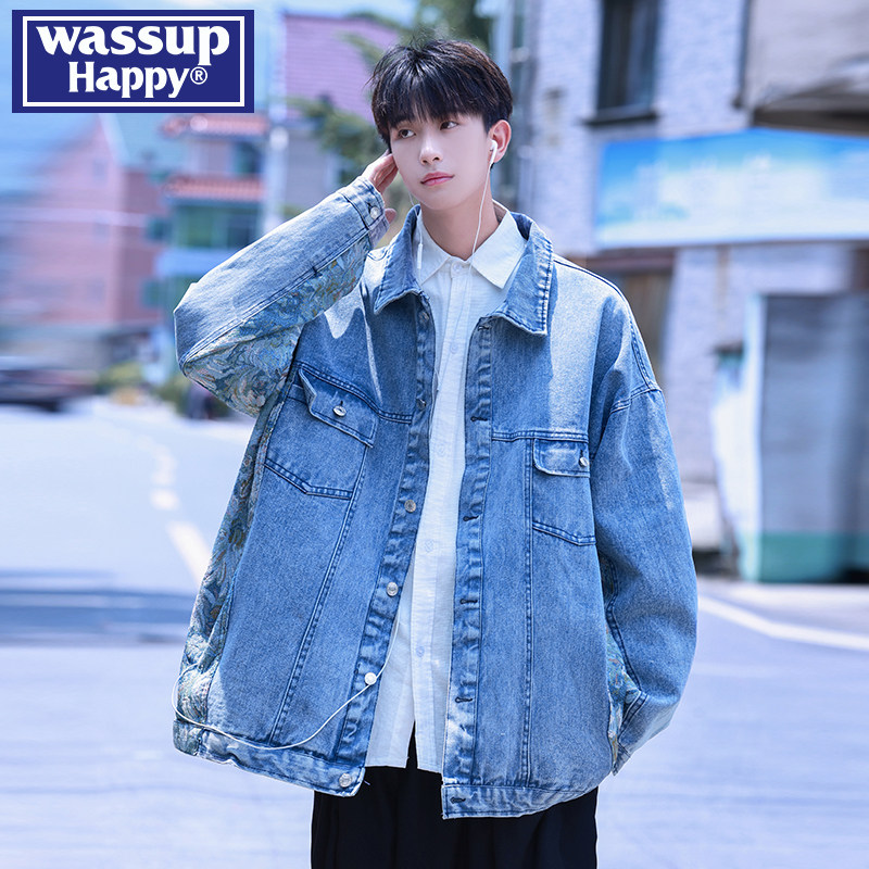 wassup happy工装翻领刺绣牛仔外套男士春秋季潮牌重磅夹克上衣服