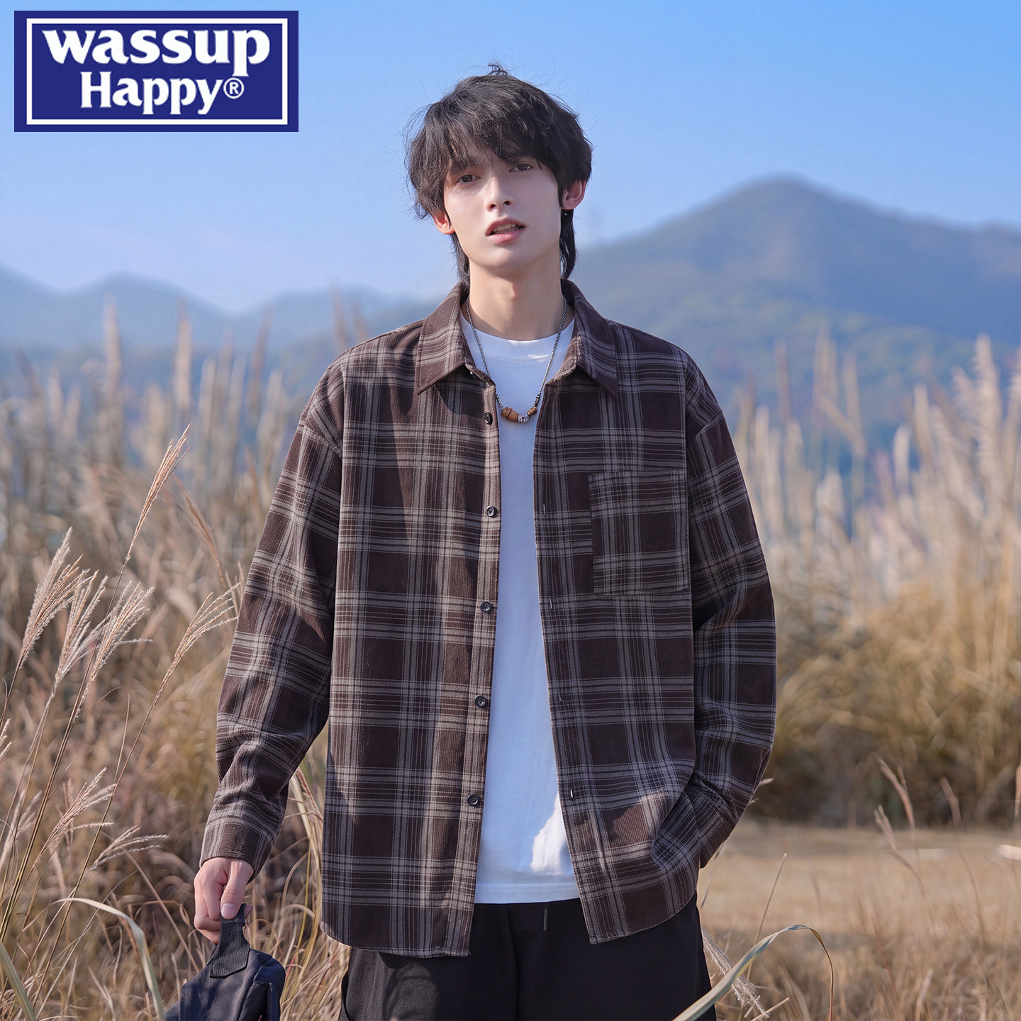wassup happy日系格子长袖衬衫男春秋季新款宽松百搭休闲衬衣外套