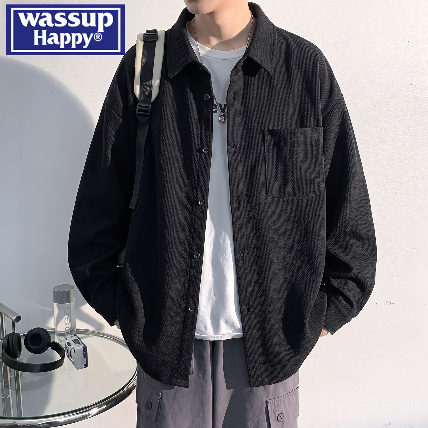wassup happy美式纹理感翻领长袖衬衫男士春秋季潮牌休闲百搭衬衣