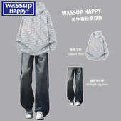 happy美式 扎染彩虹色连帽卫衣男士 春秋季 wassup 牛仔裤 搭配两件套