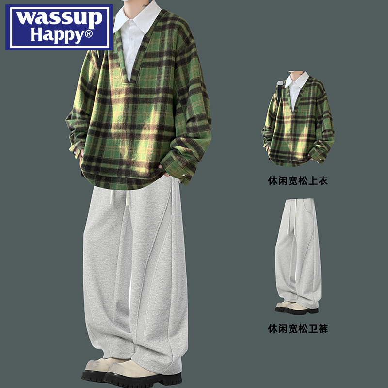 WASSUPHAPPY衬衫领假两件卫衣男