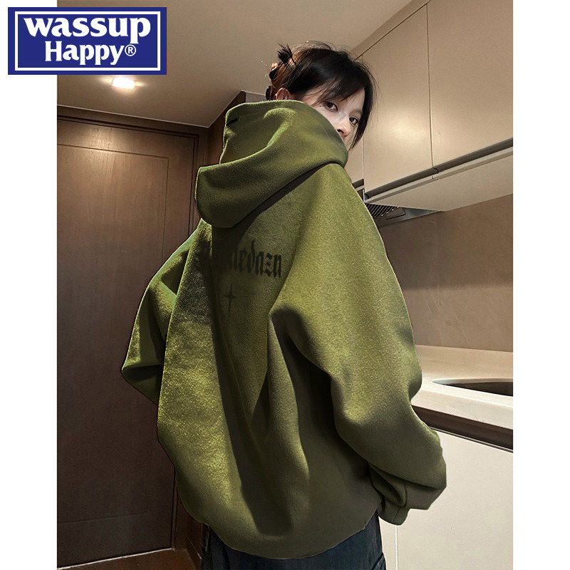 wassup happy重磅麂皮连帽卫衣男春秋季2026新款潮牌宽松百搭外套