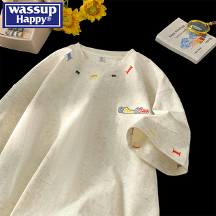 happy刺绣圆领短袖 夏季 wassup t恤男士 上衣服 薄款 宽松百搭五分袖