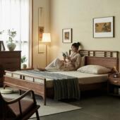 杪轩新中式 床1.8米黑胡桃木床现代简约全实木床主卧床1.5米双人床