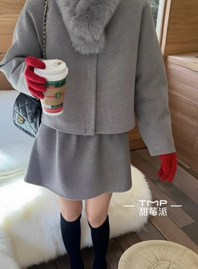 一念呢羽绒服+韩系半身裙套装(配可拆真狐狸毛毛领)20109